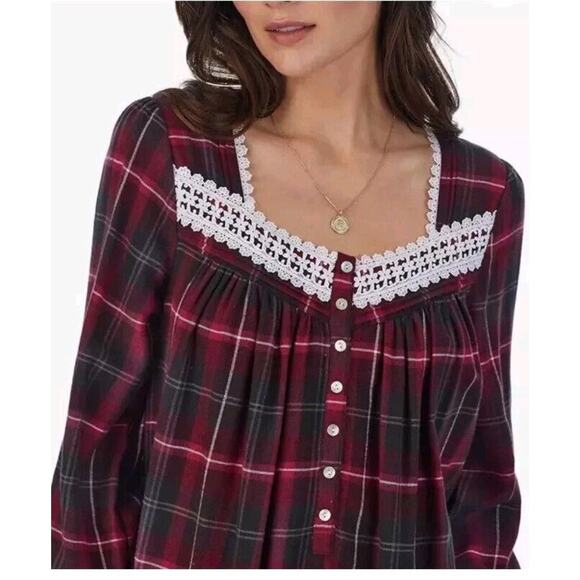 Eileen West Dark Pink Plaid 3/4 Sleeve Lace Ruffle Pockets Flannel Nightgown S - Picture 15 of 16